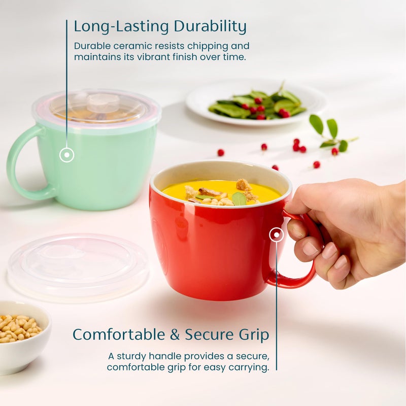 KooK Ceramic Soup Mug Set with Lid & Handles, 25 Oz Microwave-Safe Bowls for Cereal, Overnight Oats, Coffee, Travel Use, Mint/Coral, Pack of 2 - Image 3